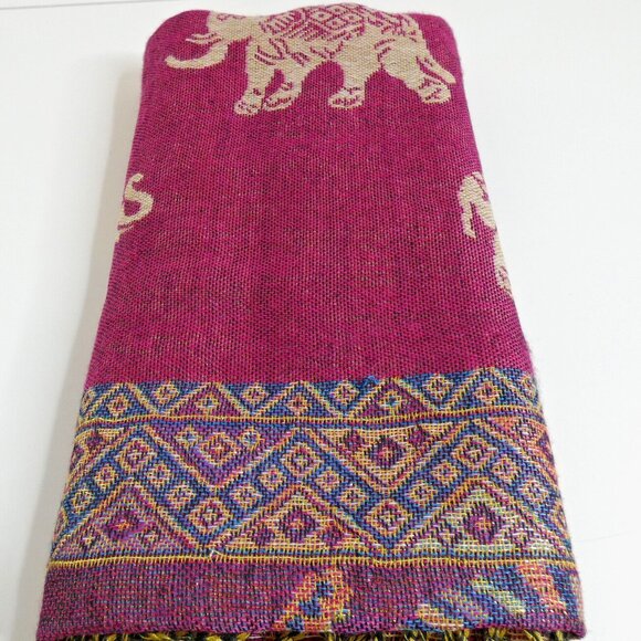 Silk Cashmere Scarf Pink Pashmina Thailand Gold Embossed Elephant Lucky Romantic - Picture 6 of 8